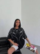 Unisex Bisiklet Yaka Baskılı Oversize T-Shirt - Siyah resmi